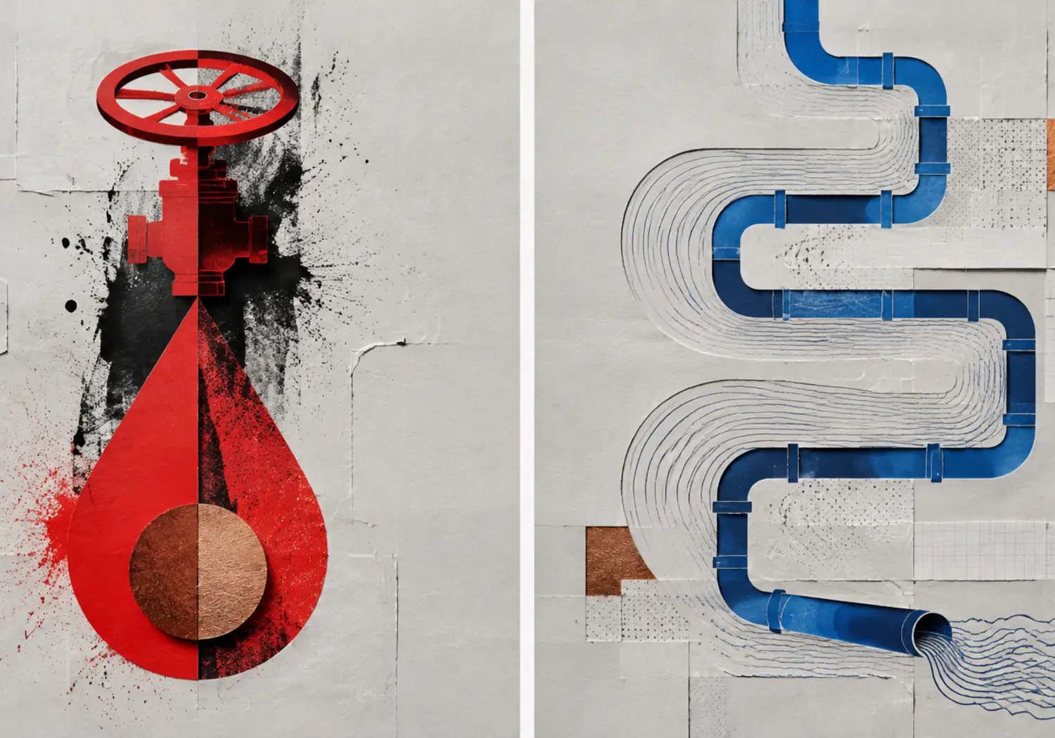 Díptico de papel que compara una válvula roja con el recorrido azul de una tubería